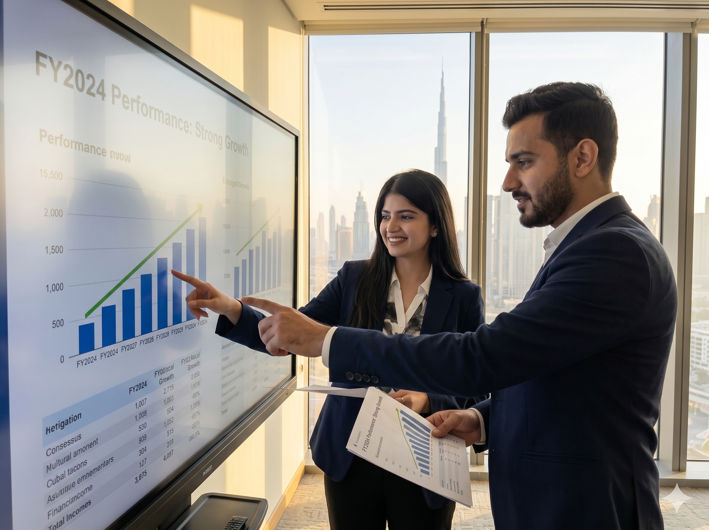 BizHype Zone FY2024 Performance Growth Review Corporate consultants pointing to a FY2024 performance chart with a Dubai skyline backdrop