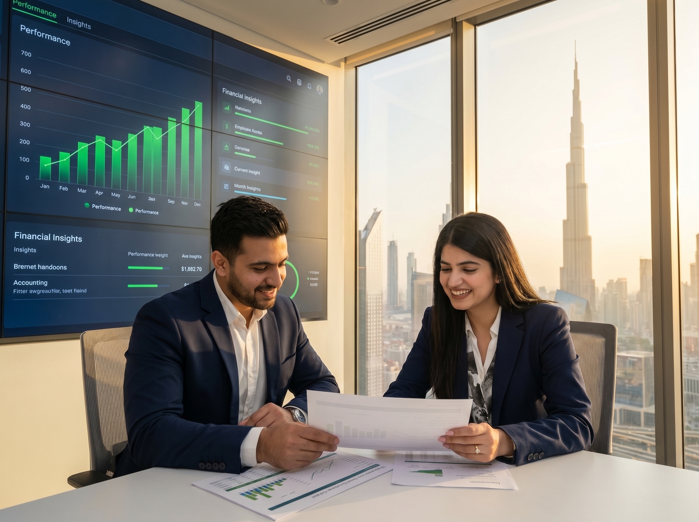 BizHype Zone Dubai Corporate Financial Analysis Meeting Corporate consultants reviewing financial performance dashboards in a Dubai office overlooking Burj Khalifa