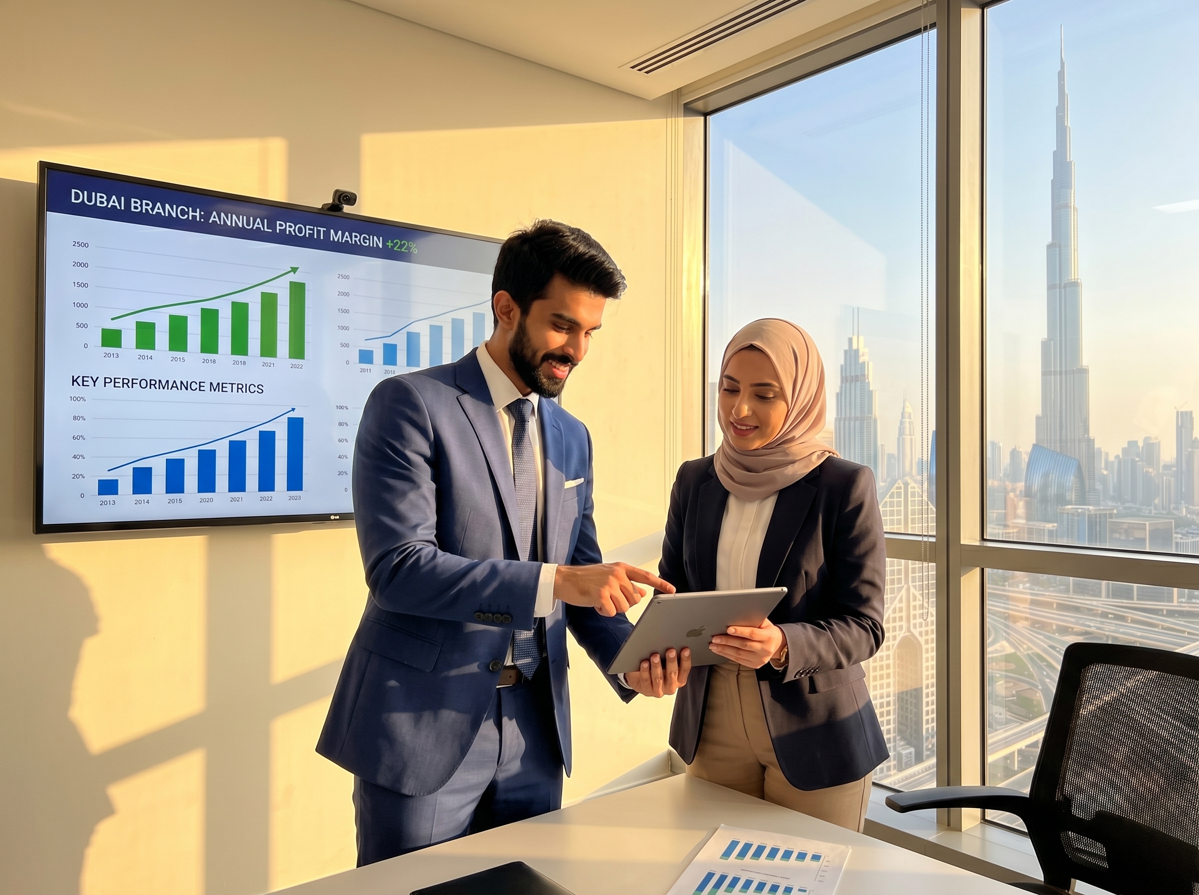 BizHype Zone Dubai Branch Profit Margin Presentation Corporate consultants reviewing a Dubai branch profit margin chart with a Burj Khalifa view
