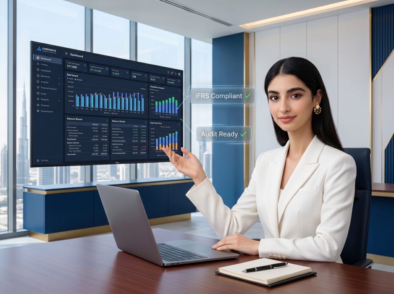 BizHype Zone Audit Ready Financial Accounting Consultation Female accountant presenting an IFRS compliant financial dashboard with a Dubai skyline view