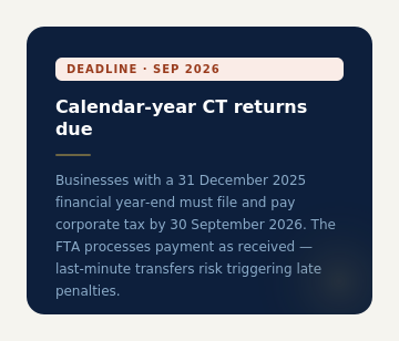 Infographic card detailing September 2026 deadline for calendar-year UAE corporate tax returns