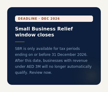 Infographic card highlighting the December 2026 Small Business Relief SBR closing deadline