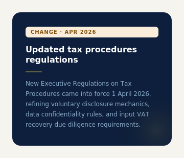 Infographic card detailing the updated UAE tax procedures regulations effective April 2026