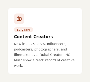 Infographic card detailing 10 year UAE Golden Visa eligibility for Content Creators via Dubai Creators HQ