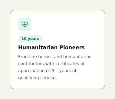 Infographic card detailing 10 year UAE Golden Visa eligibility for Humanitarian Pioneers