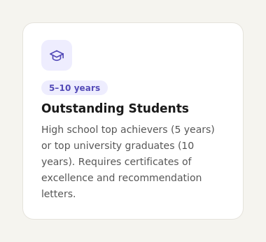 Infographic card detailing 5 to 10 year UAE Golden Visa eligibility for Outstanding Students
