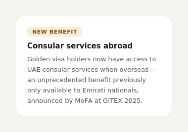 Infographic card detailing MoFA consular services abroad benefit for UAE Golden Visa holders