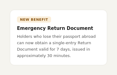 Infographic explaining the new 30-minute Emergency Return Document benefit for lost passports