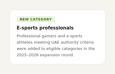Infographic card detailing UAE Golden Visa expansion eligibility for E-sports professionals and gamers