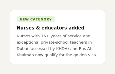 Infographic card detailing Dubai and RAK Golden Visa expansion for nurses and KHDA private school teachers