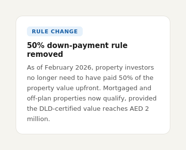 Infographic card detailing the February 2026 removal of the 50 percent Golden Visa down payment rule