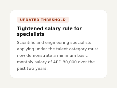 Infographic showing the updated AED 30,000 monthly salary rule for scientific and engineering specialists